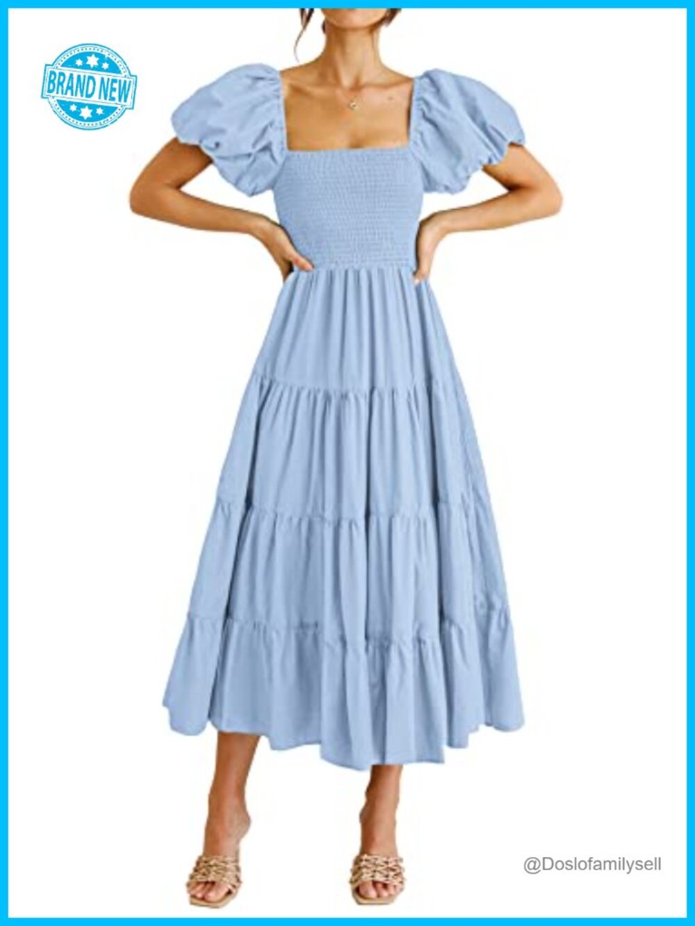 Smocked Midi Dress Tiered Ruffle A Line Square Neck Puffy Sleeve Wedding Guest